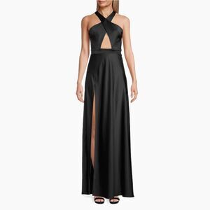 NWOT Katie May Asher Black Satin Cut-Out Maxi Gown Size M